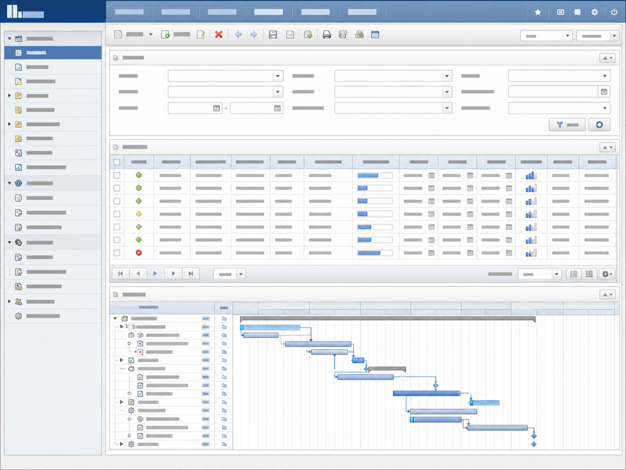 Dense ERP production and sales management screen with a data table and a manufacturing-process Gantt chart